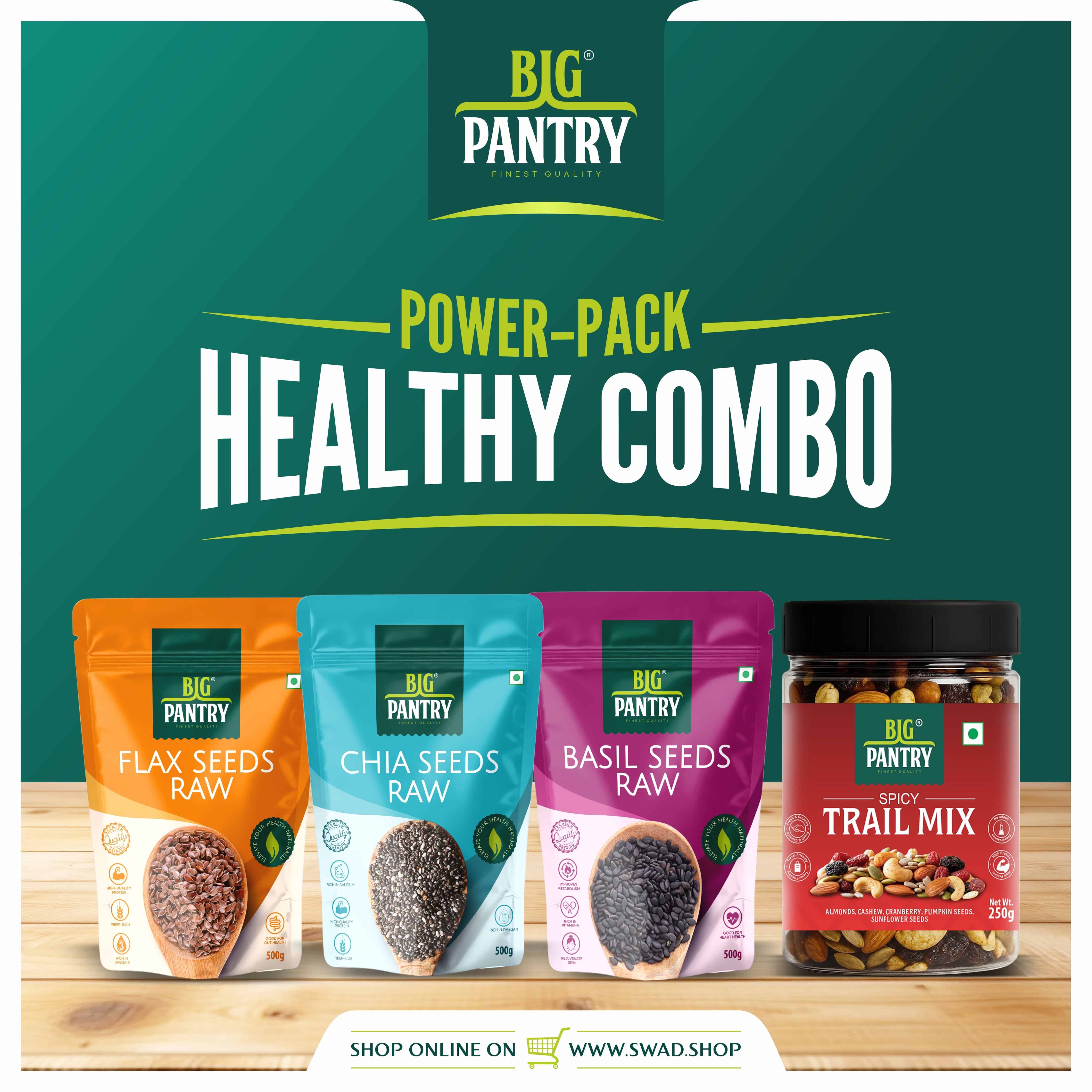 Big Pantry Big Wellness Pack — chia, basil and flax seed pouches with spiced trail mix jar